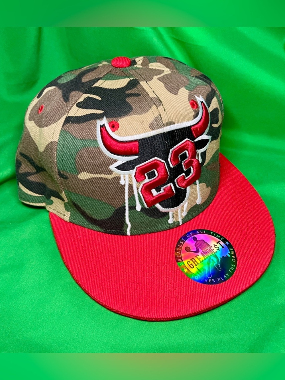 Camo Snapback Hat with Red Brim and Embroidered 23 Bull